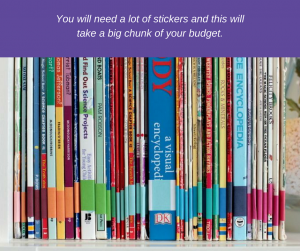 An organized book collection with colored stickers